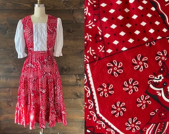 Vintage 70’s red bandanna outfit / square dance skirt and top / ric rac trim / puffed sleeves / lace details <<<fairbury outfit>>>