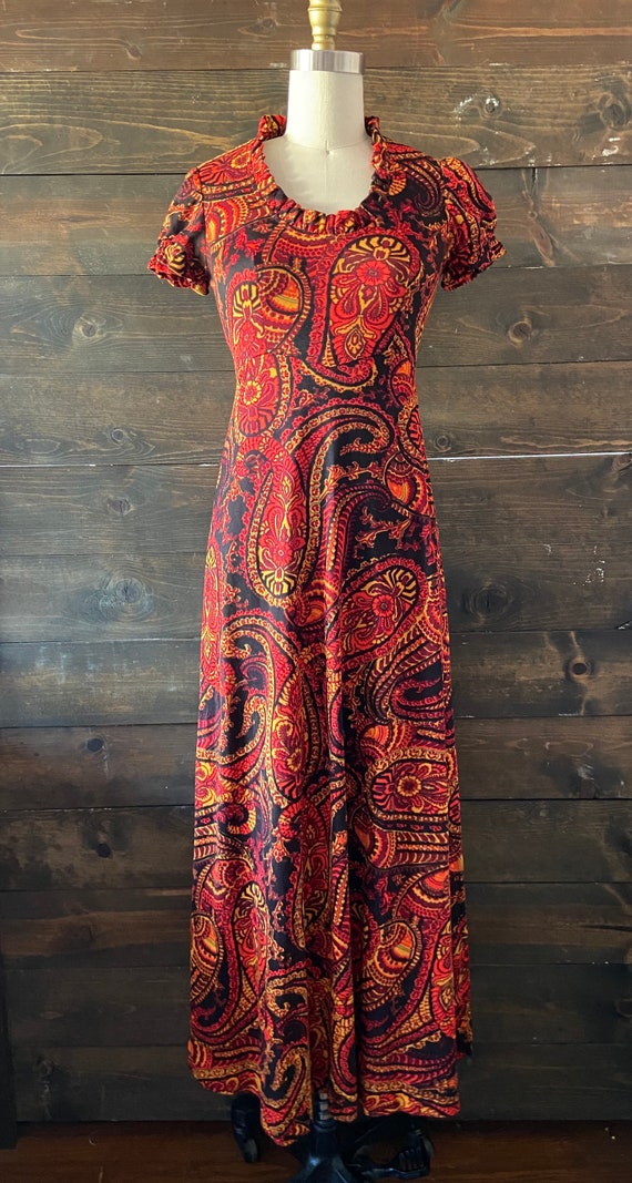 Vintage 70’s paisley maxi dress / red orange and … - image 2