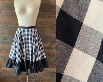 Vintage 60’s gingham circle skirt / square dance skirt / black white check / ruffle hem <<<hartselle skirt>>>>