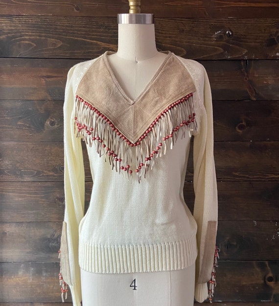Vintage 80’s fringe western sweater / beaded sued… - image 1