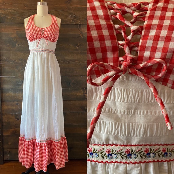 vintage 70s prairie maxi dress / gingham / halter