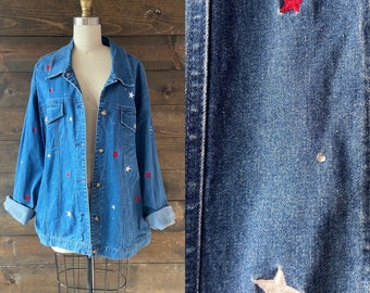 Vintage 90’s embroidered denim jacket / star and rhinestone motif / patriotic / shacket / red white blue <<<independence jacket>>>