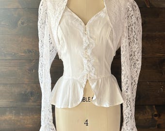 Vintage 80s white lace blouse / cutout detail / French cuff