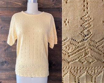 Vintage 80’s yellow sweater / short sleeve crochet knit / grannycore / poinelle knit <<<Jess sweater>>>