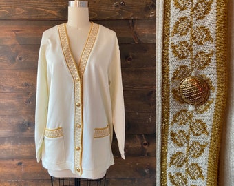 Vintage 90’s cream knit cardigan / gold embroidered leaves / holiday sparkle <<<eira sweater>>>