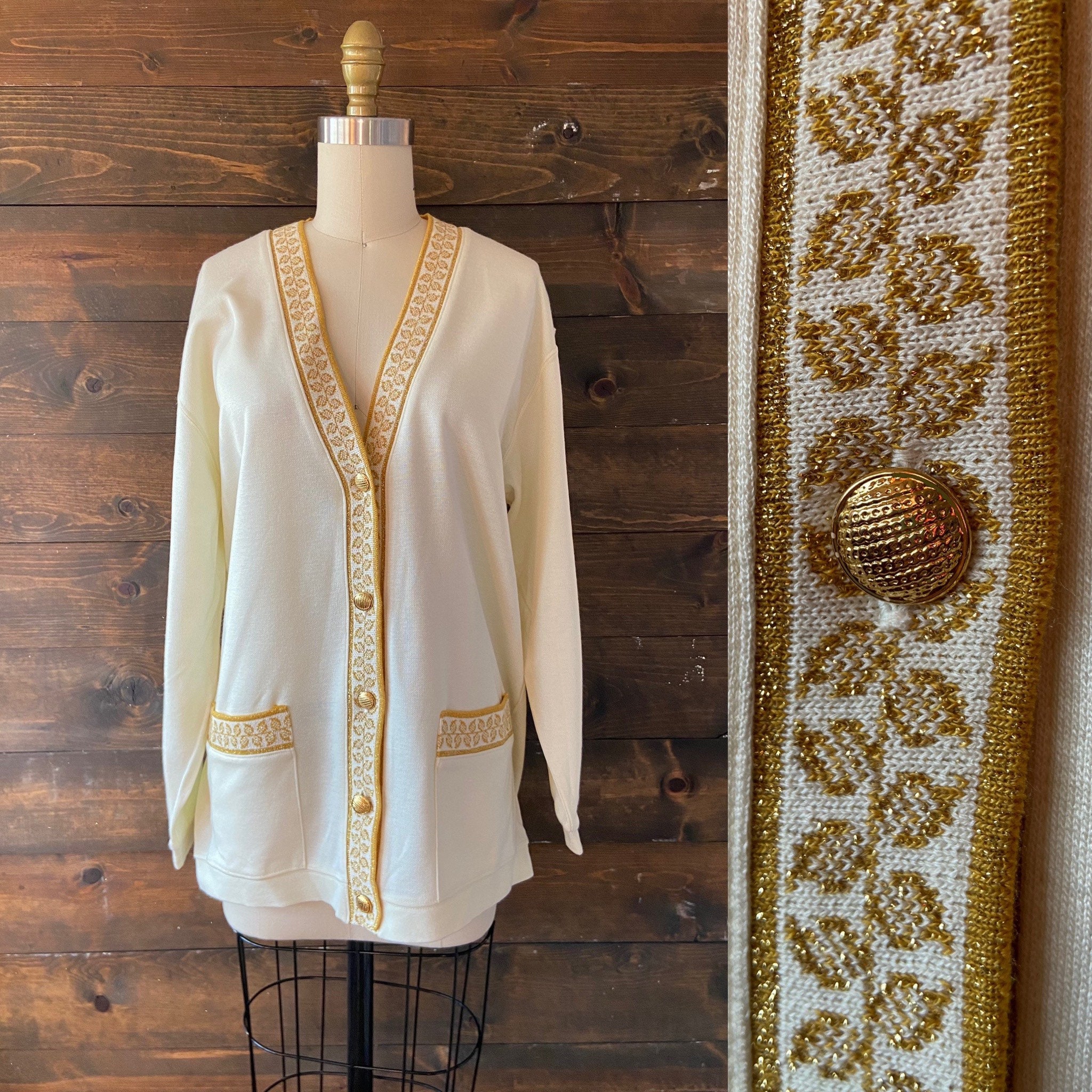 Vintage 90's Cream Knit Cardigan / Gold Embroidered Leaves