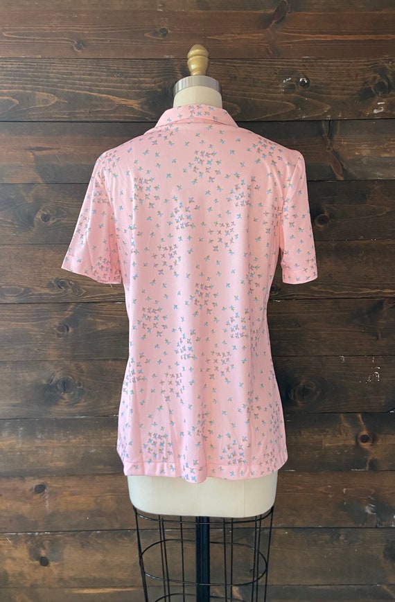 vintage 70’s floral poly top / pink button down s… - image 6