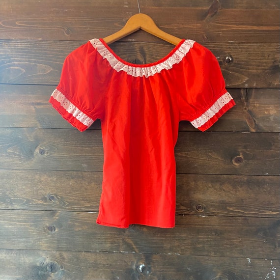 Vintage 70’s puff sleeve top / red square dance s… - image 8