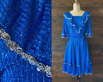 80s Blue lurex  dress / square dance dress / shimmery pinup dress / costume