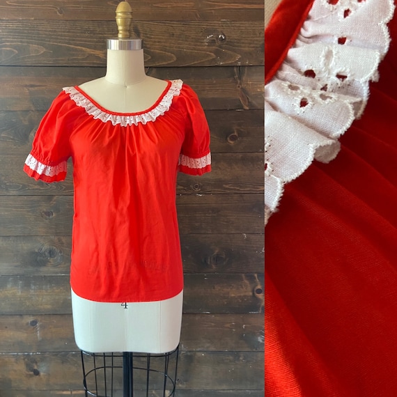 Vintage 70’s puff sleeve top / red square dance s… - image 1