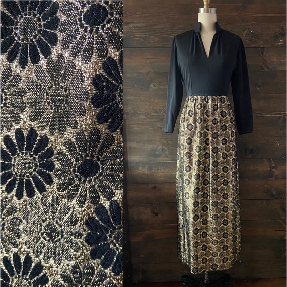 Vintage 70’s metallic maxi dress / gold floral wov