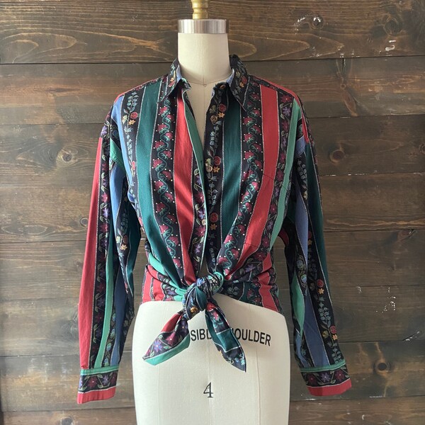 Vintage 80’s bohemian stripe top / floral button down / casual style <<<bandon blouse>>>