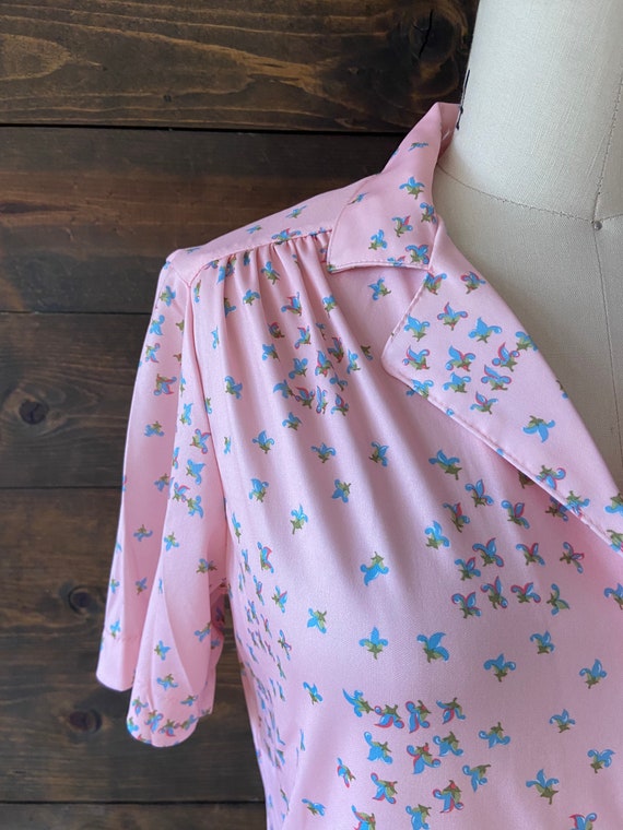vintage 70’s floral poly top / pink button down s… - image 3
