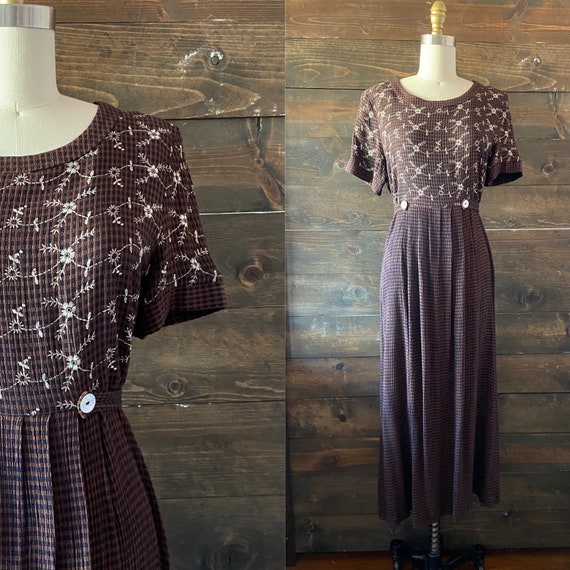 Vintage 90’s gingham maxi dress / empire waist / s