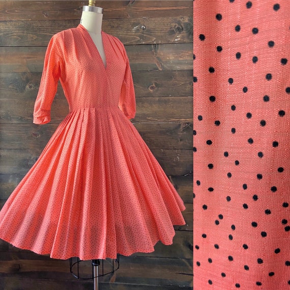 Vintage 50s cotton organdy dress / coral Swiss dot