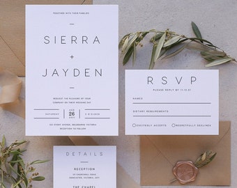 Minimalist Wedding Invitation Set INSTANT DOWNLOAD Minimal, Simple, Modern, White, Basic Wedding Invite, Editable Templett Template PEO001