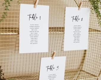 Può includere: Tre carte bianche con calligrafia nera su uno sfondo di rete metallica dorata. Le carte sono etichettate "Tavolo 1", "Tavolo 2" e "Tavolo 3" e elencano i nomi per ogni tavolo.