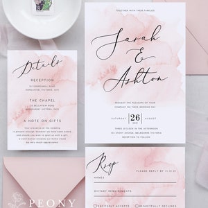 Invitation de mariage fard à joues ensemble TÉLÉCHARGEMENT INSTANTANÉ Invitation aquarelle fard à joues, rose fard à joues, invitation de mariage, modèle Templett modifiable PEO015
