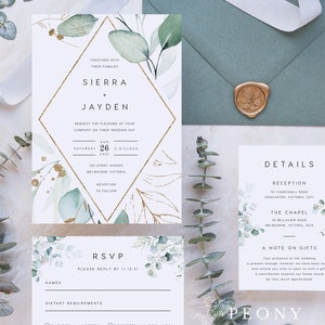 May include: Wedding invitation suite with a white background and gold glitter accents. The invitation features a diamond shape with the names Sierra and Jayden, the date 26 August 2021, and the time 3 o'clock. The RSVP card has a section for names, dietary requirements, and a choice to accept or decline the invitation.