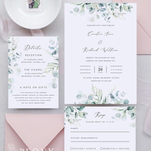 Conjunto de invitación de boda de eucalipto DESCARGA INSTANTE Hojas, vegetación, lámina de oro, invitación de boda básica, plantilla Templett editable PEO041