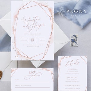 Rose Gold Hochzeitseinladung Set SOFORTIGER DOWNLOAD Rose Gold Folie, Kupfer, Glitzer, moderne Hochzeitseinladung, bearbeitbare Templett Vorlage PEO036