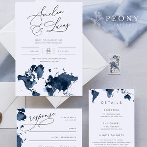 Conjunto de invitación de boda de destino DESCARGA INSTANTE Viaje, Mapa del mundo azul marino, Invitación de boda básica, Plantilla Templett editable PEO049
