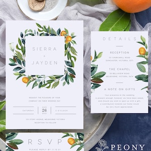 Sinaasappelen bruiloft uitnodiging set INSTANT DOWNLOAD Citrus, groen, fruit, zomer, fundamentele bruiloft uitnodigen, bewerkbare Templett sjabloon PEO038