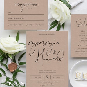 Kraft Brown Wedding Invitation Set DESCARGA INSTANTE Rústico, Caligrafía, Invitación de boda simple y moderna, Plantilla Templett editable PEO030