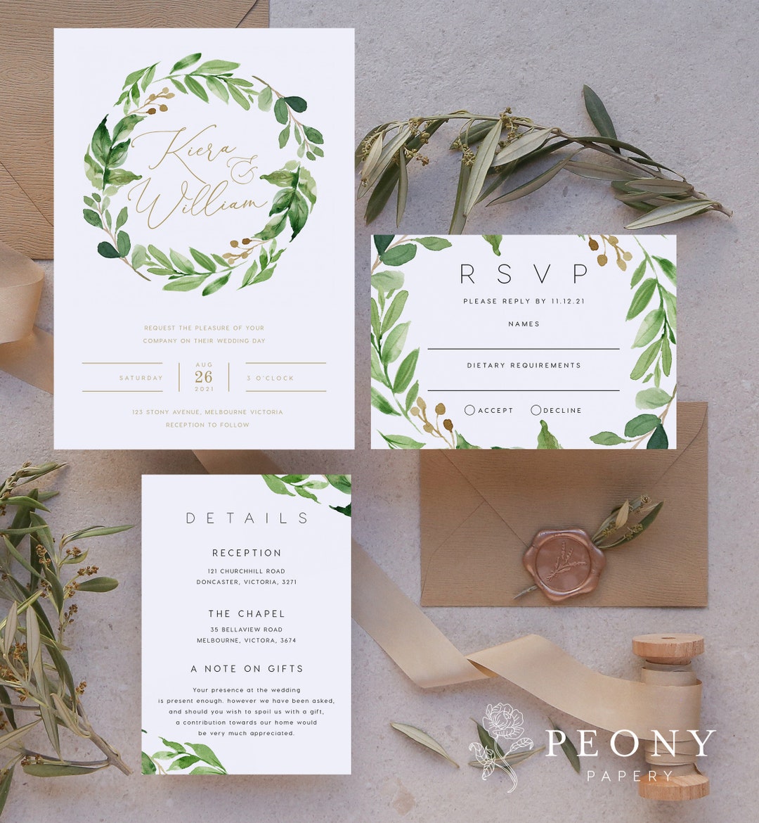 Greenery Wedding Invitation Set INSTANT DOWNLOAD Gold Foil, Green and ...