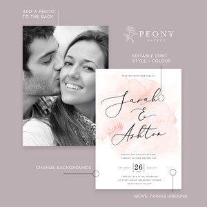 May include: A wedding invitation with a watercolor background in shades of pink and white. The invitation features the names "Sarah & Ashton" in elegant calligraphy. The text reads "Together with their families, request the pleasure of your company on their wedding day, Saturday, August 26, 2021, Three o'clock in the afternoon, 135 Stony Avenue, Melbourne Victoria, Reception to follow."