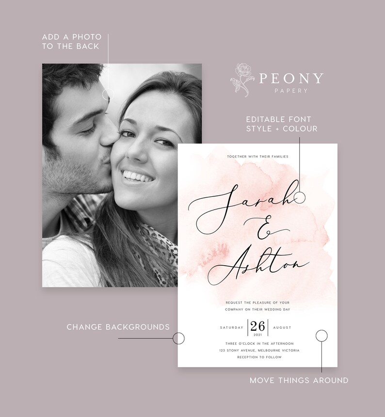 May include: A wedding invitation with a watercolor background in shades of pink and white. The invitation features the names "Sarah & Ashton" in elegant calligraphy. The text reads "Together with their families, request the pleasure of your company on their wedding day, Saturday, August 26, 2021, Three o'clock in the afternoon, 135 Stony Avenue, Melbourne Victoria, Reception to follow."