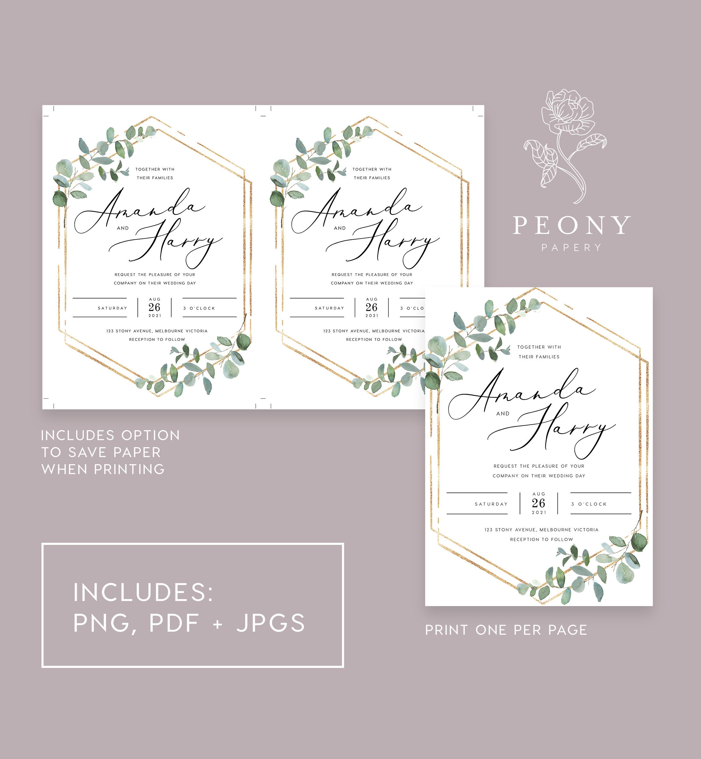 Greenery Wedding Invitation Set INSTANT DOWNLOAD Gold Foil, Green and ...