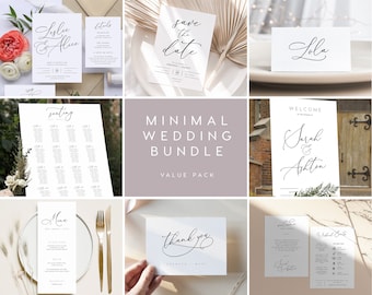 May include: A set of printable wedding stationery templates in a minimalist style. The templates include a save the date card, seating chart, welcome sign, menu, thank you card, and wedding details card. The text on the cards is in a simple, elegant font.