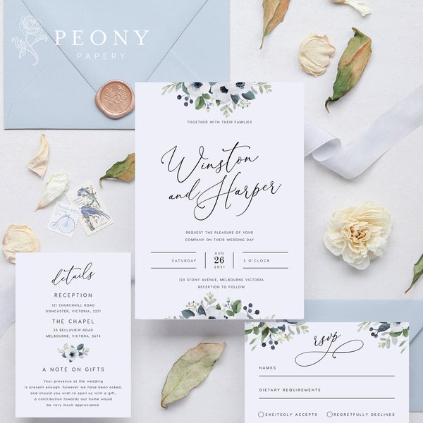 Anemone Wedding Invitation Set INSTANT DOWNLOAD Flowers, White and blue, Flowers, Basic Wedding Invite, Editable Templett Template PEO034