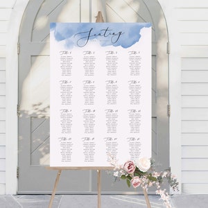 Stoffige blauwe zitplaatsen grafiek, INSTANT DOWNLOAD Eucalyptus, portret, Signage tafelposter, plattegrond tafelindeling, vind uw stoel PEO016