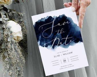 Navy Save the Date INSTANT DOWNLOAD Watercolour Navy Blue Save the date Announcement Editable Templett Template PEO017