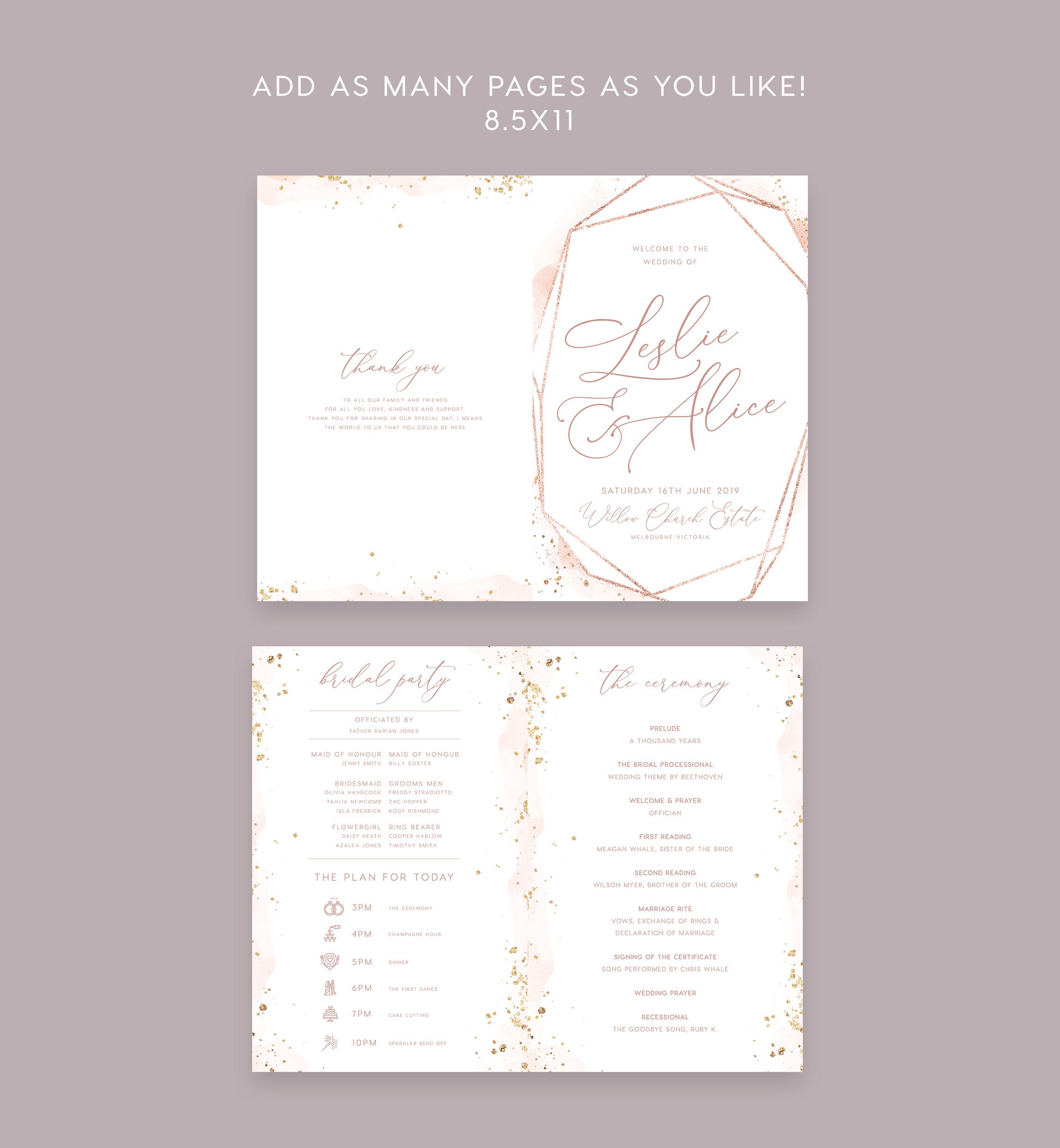 Rose Gold Program Rose Gold Wedding Program Booklet INSTANT DOWNLOAD Printable Folded ...