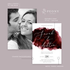 Burgundy Wedding Invitation Set INSTANT DOWNLOAD Modern Watercolour Invite, Deep Red, Wedding Invite, Editable Templett Template PEO018 image 4