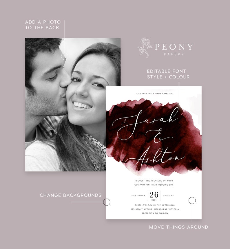 Burgundy Wedding Invitation INSTANT DOWNLOAD Modern Watercolour Invite, Deep Red, Wedding Invite, Editable Templett Template PEO018 image 2