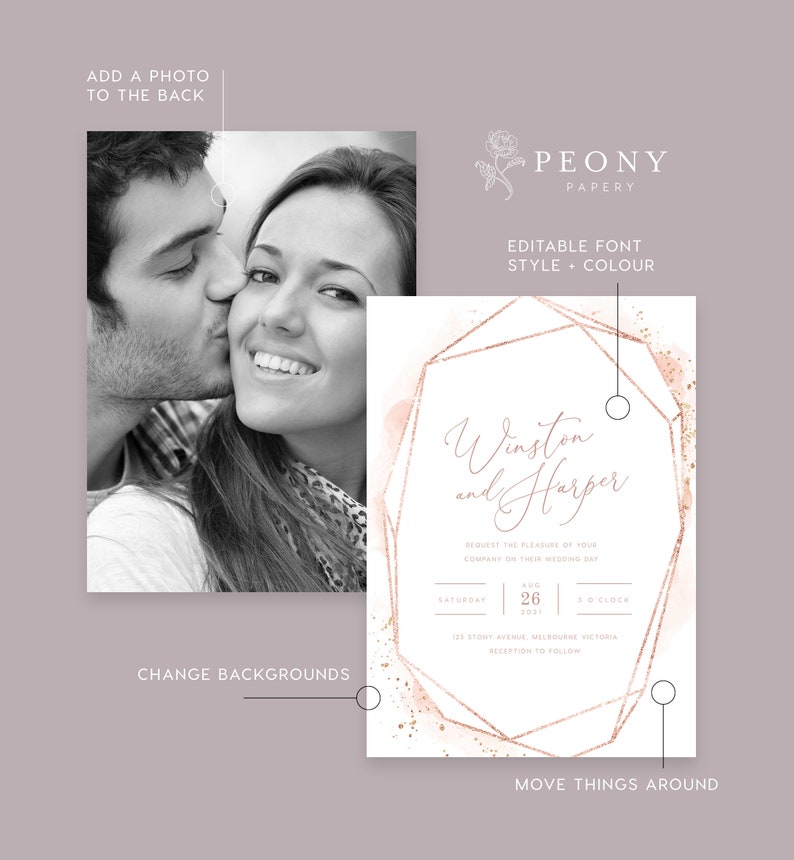 Rose Gold Wedding Invitation INSTANT DOWNLOAD Rose Gold Foil, Copper, Glitter, Modern Wedding Invite, Editable Templett Template PEO036 image 2