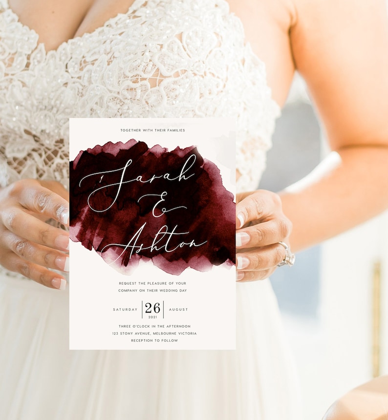 Burgundy Wedding Invitation INSTANT DOWNLOAD Modern Watercolour Invite, Deep Red, Wedding Invite, Editable Templett Template PEO018 image 1