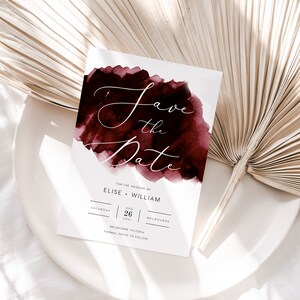 Burgundy Save the Date INSTANT DOWNLOAD Watercolour Deep Red, Claret Save the date Announcement Editable Templett Template PEO018