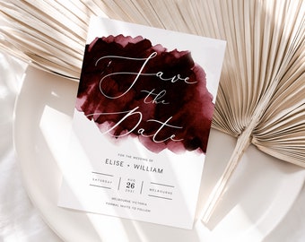 Burgundy Save the Date INSTANT DOWNLOAD Watercolour Deep Red, Claret Save the date Announcement Editable Templett Template PEO018