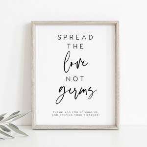 Spread Love Not Germs Sign INSTANT DOWNLOAD Printable Social Distancing Sign for Wedding, Minimalist, Simple & Rustic - 8x10