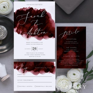 Faire-part de mariage Bourgogne ensemble Téléchargement instantané Invitation aquarelle moderne, rouge profond, invitation de mariage, modèle Templett modifiable PEO018