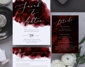 Burgundy Wedding Invitation Set INSTANT DOWNLOAD Modern Watercolour Invite, Deep Red, Wedding Invite, Editable Templett Template PEO018