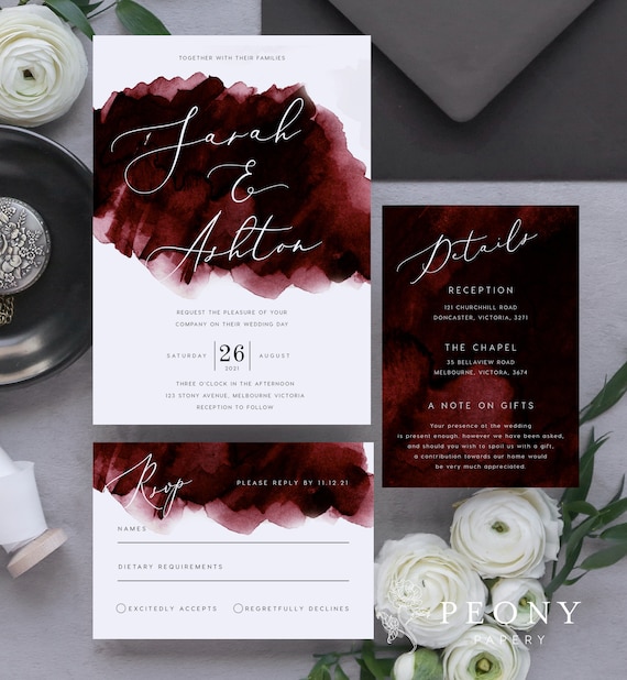 Burgundy Wedding Invitation Set INSTANT DOWNLOAD Modern | Etsy