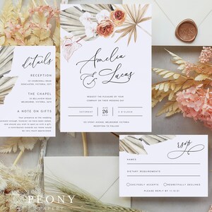 Desert Floral Wedding Invitation Set INSTANT DOWNLOAD Dried Palm Leaves, Rustic, Tropical Wedding Invite, Editable Templett Template PEO023