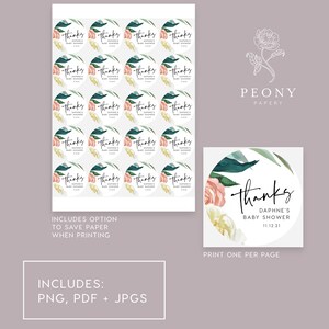 May include: A set of 20 round thank you stickers with a floral design in shades of green, pink, and white. The stickers feature the text "Thanks Daphne's Baby Shower 11.12.21".