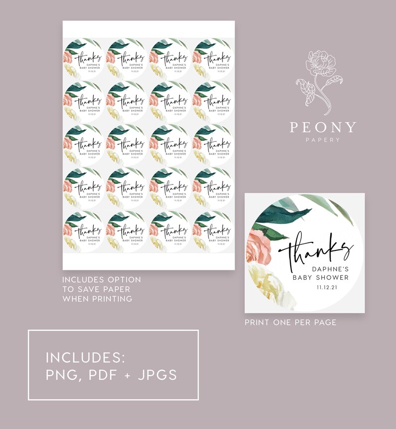 May include: A set of 20 round thank you stickers with a floral design in shades of green, pink, and white. The stickers feature the text "Thanks Daphne's Baby Shower 11.12.21".